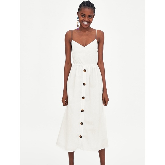 Zara Dresses & Skirts - Zara TRF White Tie Back Button Front Midi Dress Spaghetti Strap S Coastal Summer